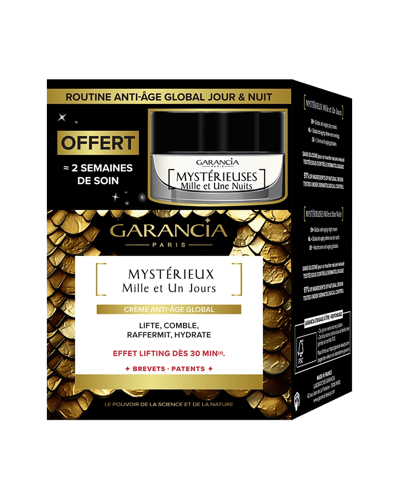 Packaging du coffret or et noir contenant le pot de crème de jour Mystérieux et une miniature de nuit offerte
