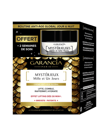 Packaging du coffret or et noir contenant le pot de crème de jour Mystérieux et une miniature de nuit offerte