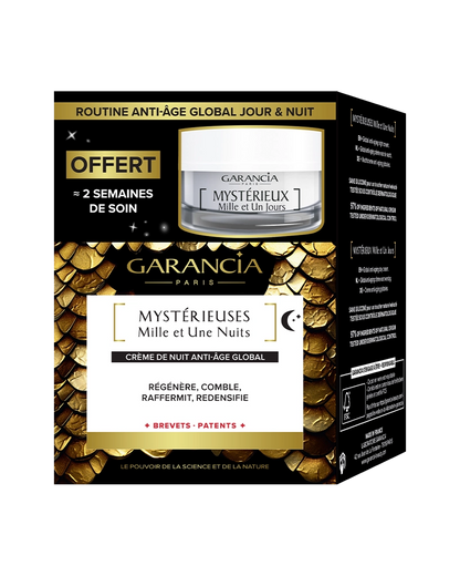 Packaging promotionnel Garancia Routine Jour & Nuit incluant la crème Mystérieuses Mille et Une Nuits et 2 semaines de soin jour offertes