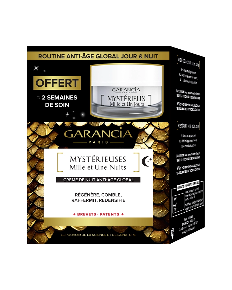 Packaging promotionnel Garancia Routine Jour & Nuit incluant la crème Mystérieuses Mille et Une Nuits et 2 semaines de soin jour offertes