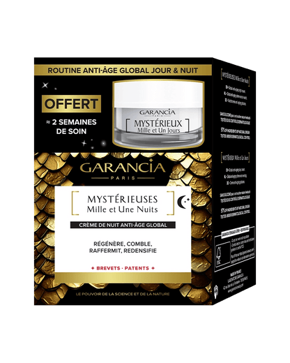 Packaging promotionnel Garancia Routine Jour & Nuit incluant la crème Mystérieuses Mille et Une Nuits et 2 semaines de soin jour offertes