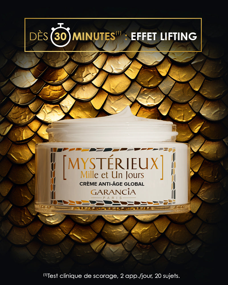 Présentation du pot Mystérieux Mille et Un Jours avec la mention : Dès 30 minutes effet lifting