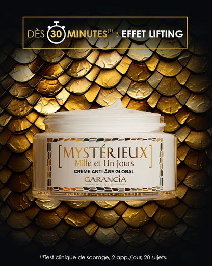 Présentation du pot de crème de jour Mystérieux avec la mention : Dès 30 minutes effet lifting