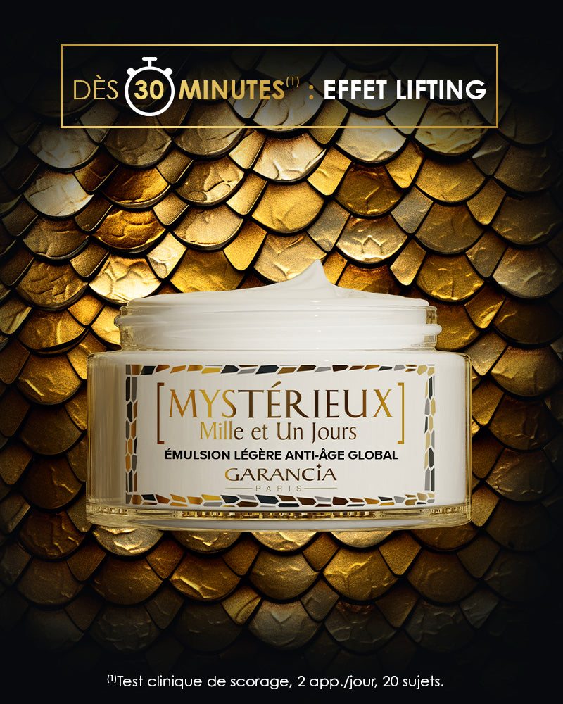 Présentation du pot d'Émulsion Mystérieux Mille et Un Jours avec la mention : Dès 30 minutes effet lifting