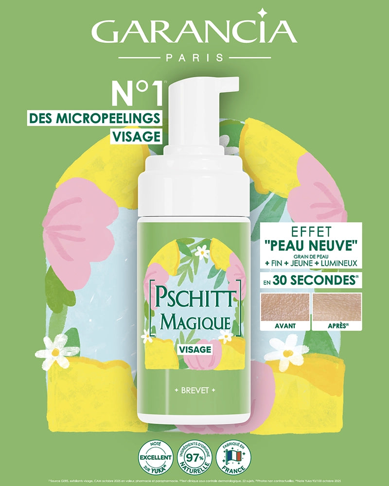 Affiche Pschitt Magique Garancia visage, classé numéro 1 des micropeelings, montrant un flacon pompe, un comparatif avant/après du grain de peau et les labels "Note excellente sur Yuka" et "97% d'ingrédients d'origine naturelle".