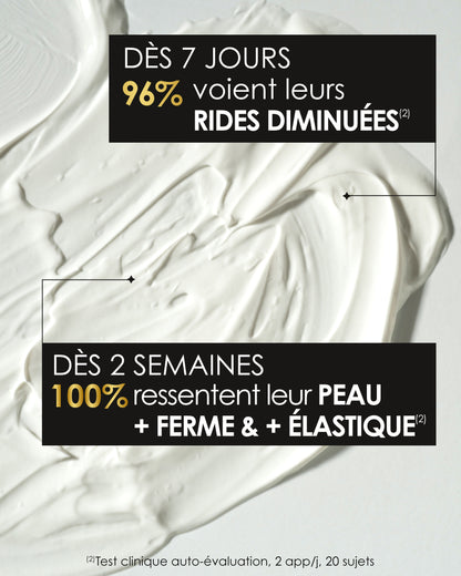 Zoom résultats cliniques crème de jour : 96% de rides diminuées en 7 jours et 100% de peau plus ferme en 2 semaines