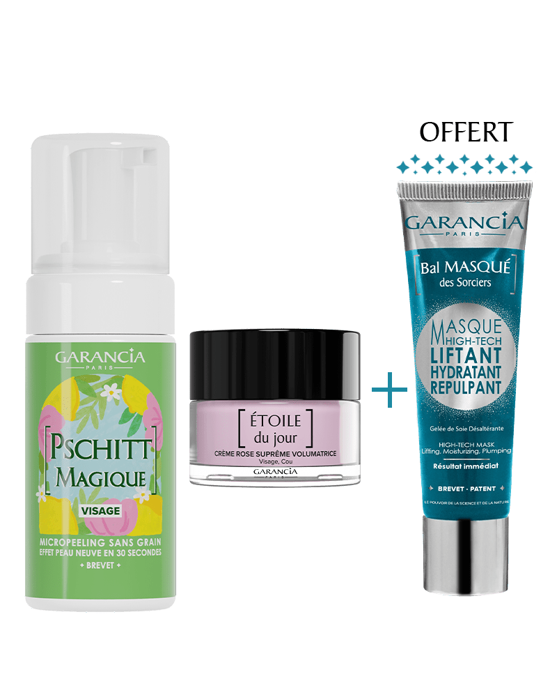 Routine Garancia Peau Neuve et Fermeté : micropeeling Pschitt Magique, crème Étoile du Jour et masque liftant Bal Masqué des Sorciers offert.
