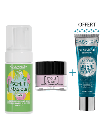 Routine Garancia Peau Neuve et Fermeté : micropeeling Pschitt Magique, crème Étoile du Jour et masque liftant Bal Masqué des Sorciers offert.
