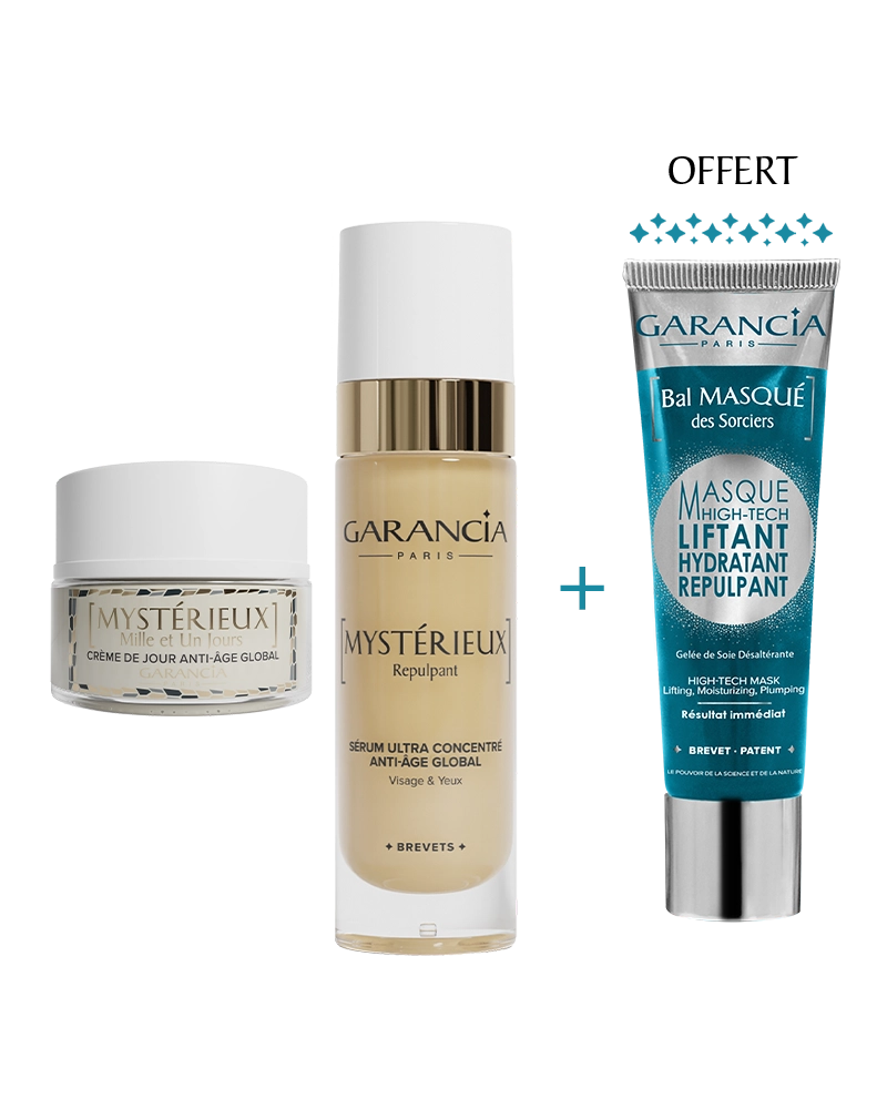 Bundles Peau Liftée Laboratoire Garancia : Routine anti-âge global avec crème de jour redensifiante, sérum visage et yeux ultra concentré, et un masque high-tech liftant en cadeau pour un résultat immédiat.