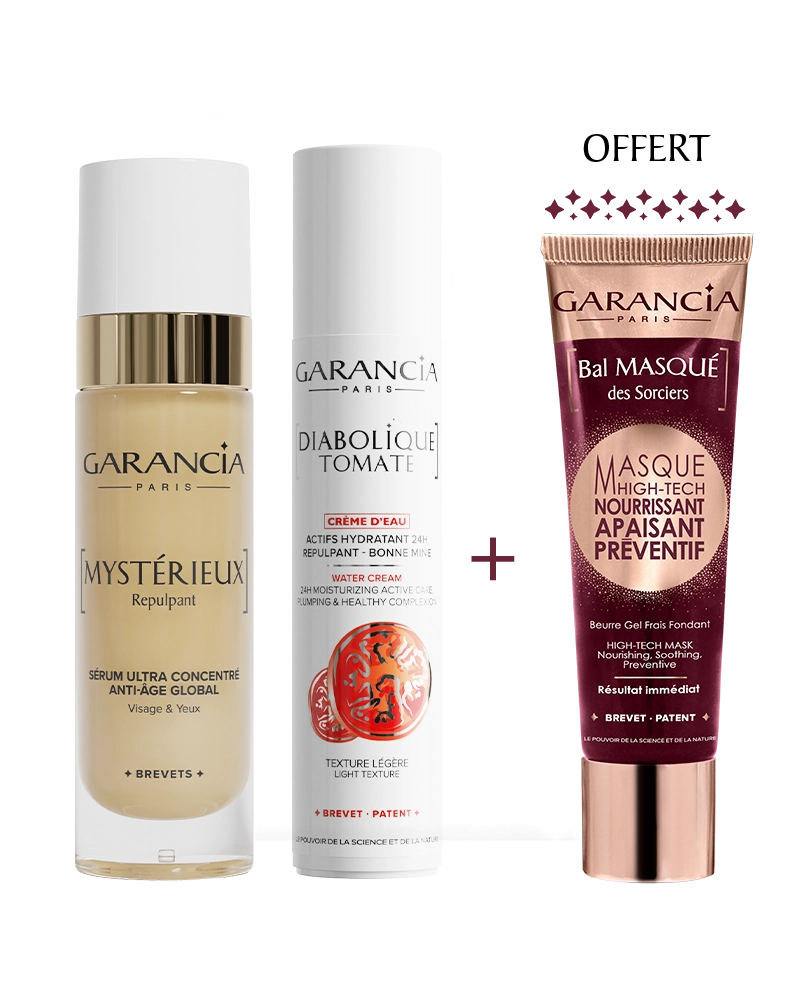 Bundles Peau Repulpée Laboratoire Garancia : Éclat et Nutrition avec le sérum Mystérieux Repulpant, la crème d'eau Diabolique Tomate et le Bal Masqué des Sorciers Nourrissant Apaisant offert.