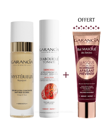 Bundles Peau Repulpée Laboratoire Garancia : Éclat et Nutrition avec le sérum Mystérieux Repulpant, la crème d'eau Diabolique Tomate et le Bal Masqué des Sorciers Nourrissant Apaisant offert.