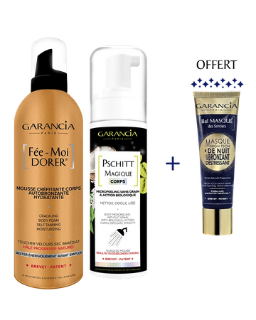 Bundles Rituel Auto-Bronzant Laboratoire Garancia Offre corps Garancia : Mousse auto bronzante Fée-Moi Dorer et Pschitt Magique Corps achetés, le masque de nuit auto bronzant Bal Masqué des Sorciers est offert.