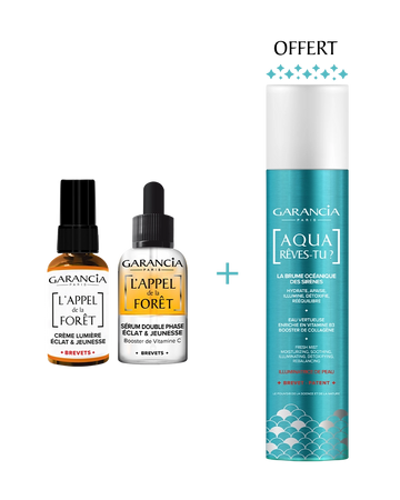 Bundles Rituel Eclat et Lumière Laboratoire Garancia : Duo vitamine C Garancia comprenant la crème lumière et le sérum double phase L'Appel de la Forêt, accompagnés de la brume océanique Aqua Rêves-Tu offerte.