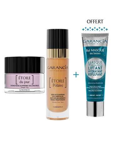 Rituel volume et fermeté Garancia comprenant la crème rose suprême Étoile du Jour, le sérum Étoile Polaire et le Bal Masqué des Sorciers Liftant offert.