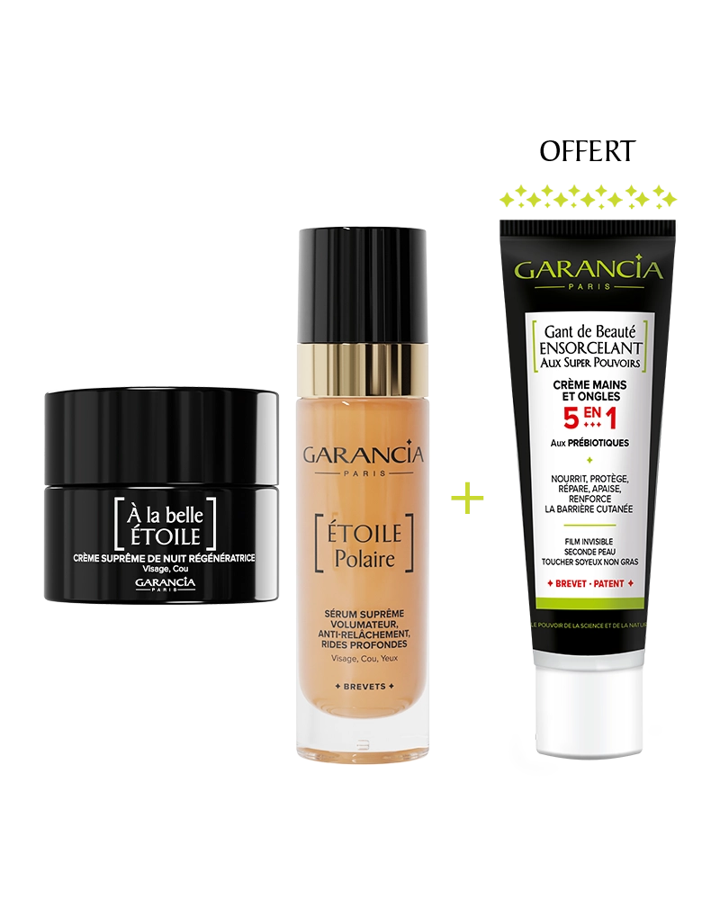 Coffret régénération suprême Garancia incluant la crème de nuit À la belle Étoile, le sérum Étoile Polaire et la crème mains Gant de Beauté Ensorcelant offerte.