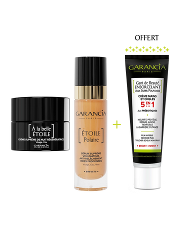 Coffret régénération suprême Garancia incluant la crème de nuit À la belle Étoile, le sérum Étoile Polaire et la crème mains Gant de Beauté Ensorcelant offerte.