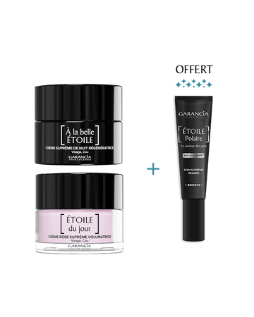 Routine anti-âge [ ÉTOILE ] Laboratoire Garancia : Duo Garancia Étoile du Jour et À la Belle Étoile accompagné du soin suprême regard Étoile Polaire offert, gamme Méno-Expert pour le visage, le cou et les yeux.
