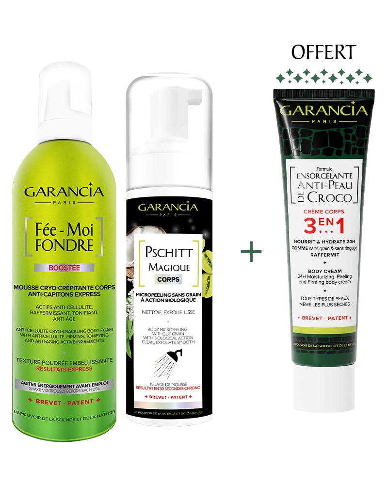 Bundles Routine Tonique Laboratoire Garancia offre minceur Garancia : Pour l'achat du Pschitt Magique Corps et de Fée-Moi Fondre, la crème corps Formule Ensorcelante Anti-Peau de Croco est offerte.