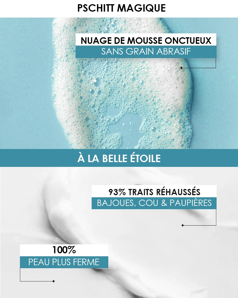 Coffret [ Étoile ] rituel nuit texture Laboratoire Garancia : Infographie Garancia présentant le Pschitt Magique (nuage de mousse onctueux sans grain abrasif) et la crème À la belle Étoile (93% de traits réhaussés sur les bajoues, cou et paupières, et 100% de peau plus ferme).