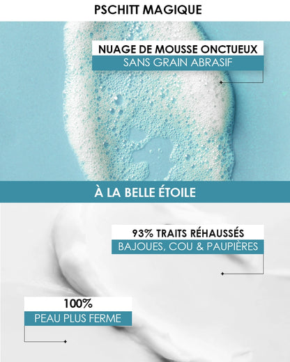 Coffret [ Étoile ] rituel nuit texture Laboratoire Garancia : Infographie Garancia présentant le Pschitt Magique (nuage de mousse onctueux sans grain abrasif) et la crème À la belle Étoile (93% de traits réhaussés sur les bajoues, cou et paupières, et 100% de peau plus ferme).