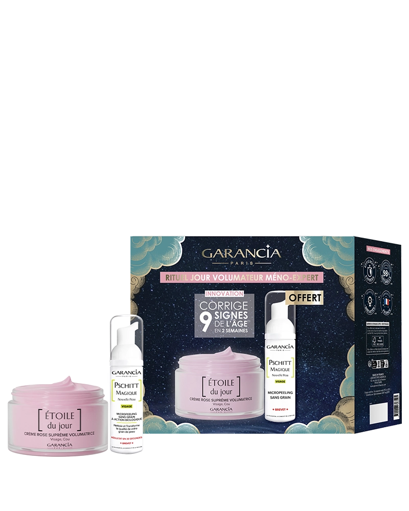 Coffret [ ÉTOILE ] rituel jour Laboratoire Garancia : Volumateur Méno-Expert de Garancia comprenant la crème rose suprême Étoile du Jour et le micropeeling Pschitt Magique offert, dans un packaging festif bleu nuit et doré.