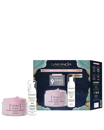 Coffret [ ÉTOILE ] rituel jour Laboratoire Garancia : Volumateur Méno-Expert de Garancia comprenant la crème rose suprême Étoile du Jour et le micropeeling Pschitt Magique offert, dans un packaging festif bleu nuit et doré.