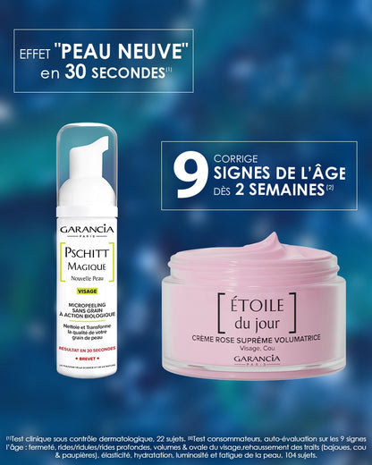 Coffret [ ÉTOILE ] rituel jour Laboratoire Garancia : Publicité Garancia présentant le micropeeling Pschitt Magique pour un effet peau neuve en 30 secondes et la crème rose Étoile du Jour qui corrige 9 signes de l'âge dès 2 semaines.