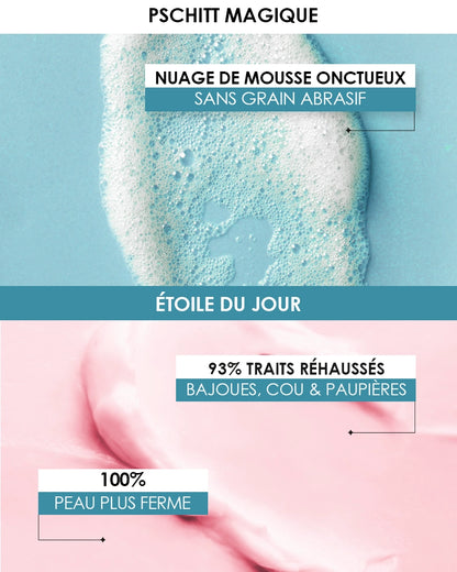 Coffret [ ÉTOILE ] rituel jour Laboratoire Garancia : Gros plan sur les textures Garancia : la mousse onctueuse sans grain du Pschitt Magique et la texture rose fondante d'Étoile du Jour avec des résultats prouvés : 100 % peau plus ferme et 93 % traits réhaussés.
