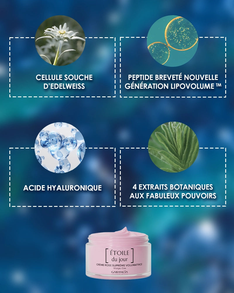 Coffret [ ÉTOILE ] rituel jour Laboratoire Garancia : Composition de la crème Étoile du Jour Garancia : cellules souches d'Edelweiss, peptide breveté Lipovolume™, acide hyaluronique et 4 extraits botaniques aux pouvoirs volumateurs.