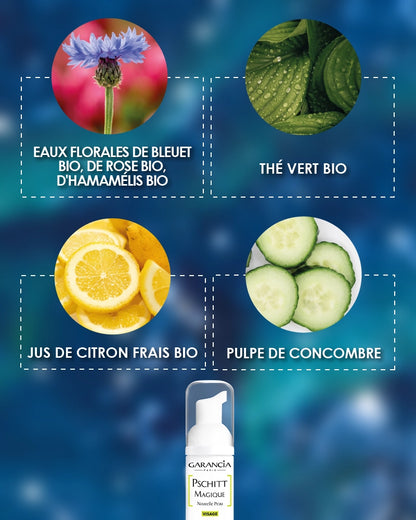 Coffret [ ÉTOILE ] rituel jour Laboratoire Garancia : Infographie des ingrédients naturels du Pschitt Magique Garancia : eaux florales de bleuet, rose et hamamélis bio, thé vert bio, jus de citron frais bio et pulpe de concombre.