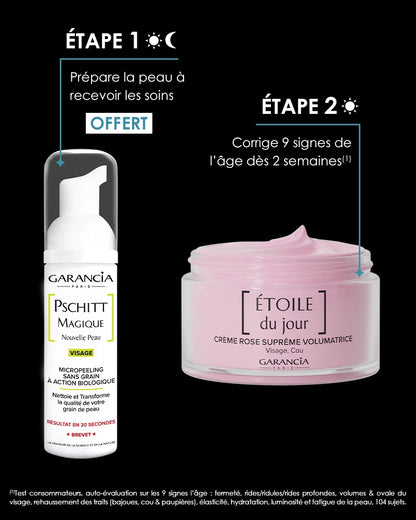 Coffret [ ÉTOILE ] rituel jour Laboratoire Garancia - Infographie de routine : Étape 1 avec le micropeeling Pschitt Magique pour préparer la peau, et Étape 2 avec la crème Étoile du Jour pour corriger 9 signes de l'âge en 2 semaines.