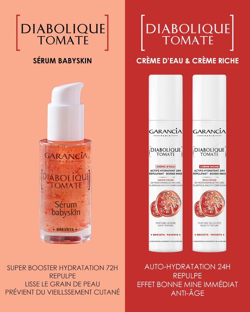 comparaison du produit diabolique tomate sérum babyskin et crème d'eau et crème riche