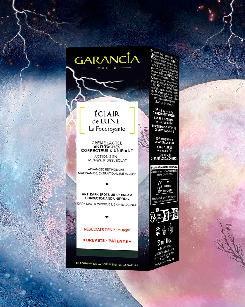 Packaging Garancia Éclair de Lune La Foudroyante : Crème Lactée Anti-Taches, correcteur et unifiant. Action 3 en 1 taches, rides, éclat. Ingrédients : Retinol-like, Niacinamide, Algue marine. Résultats dès 7 jours.