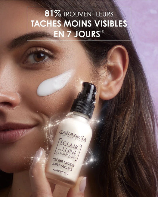 Soin Garancia Éclair de Lune La Foudroyante : Crème Lactée Anti-Taches en flacon pompe. Une femme applique le produit. 81% trouvent leurs taches moins visibles en 7 jours.