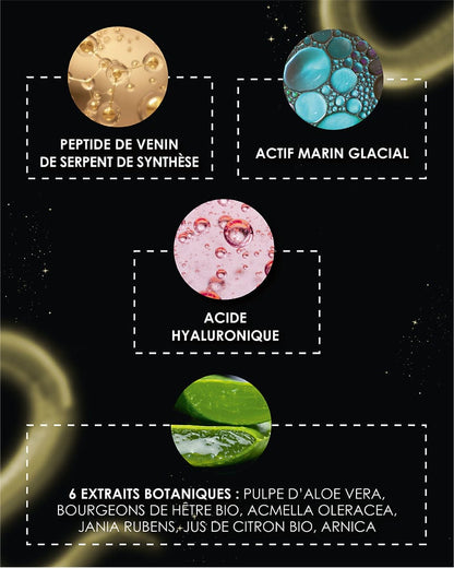 Laboratoire Garancia Anti-Âge & Anti-Rides [ MYSTÉRIEUX Repulpant ]. présentation des 4 actifs principaux. sur fond noir