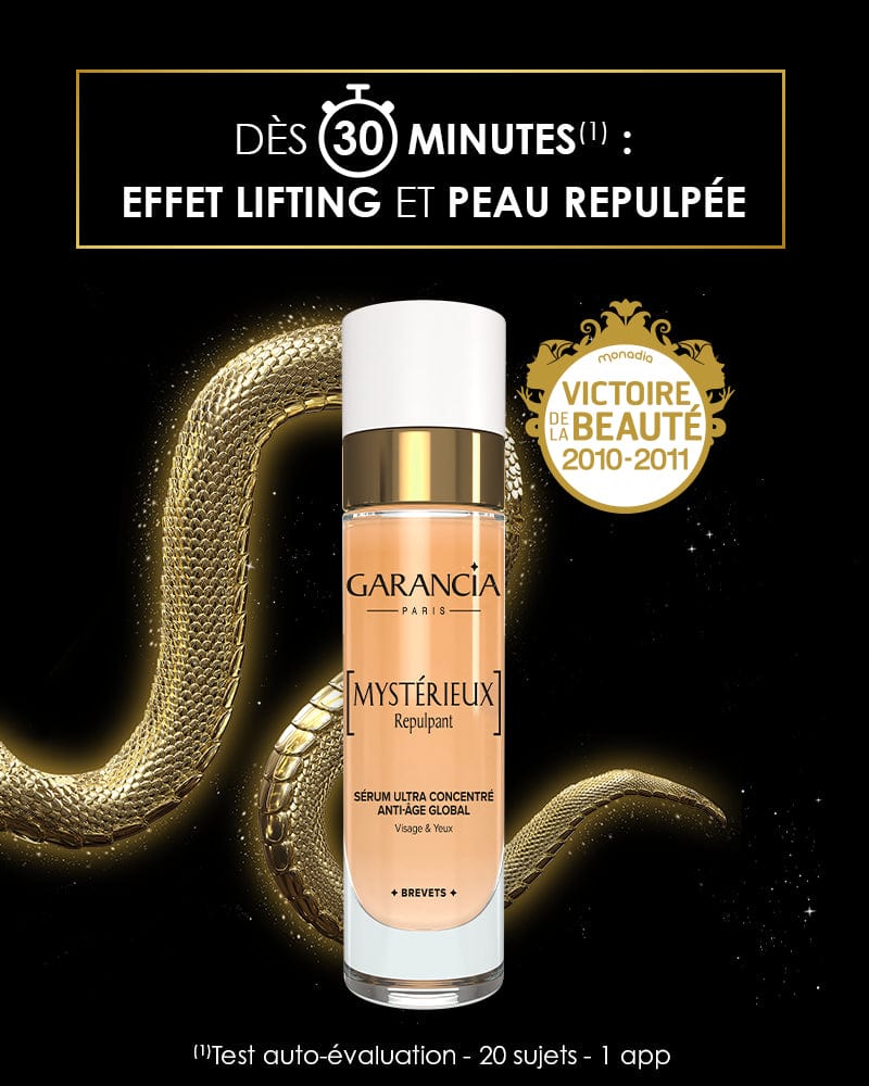Laboratoire Garancia Anti-Âge & Anti-Rides [ MYSTÉRIEUX Repulpant ]. sur fond noir et dorée. victoire de la beauté 2010-2011