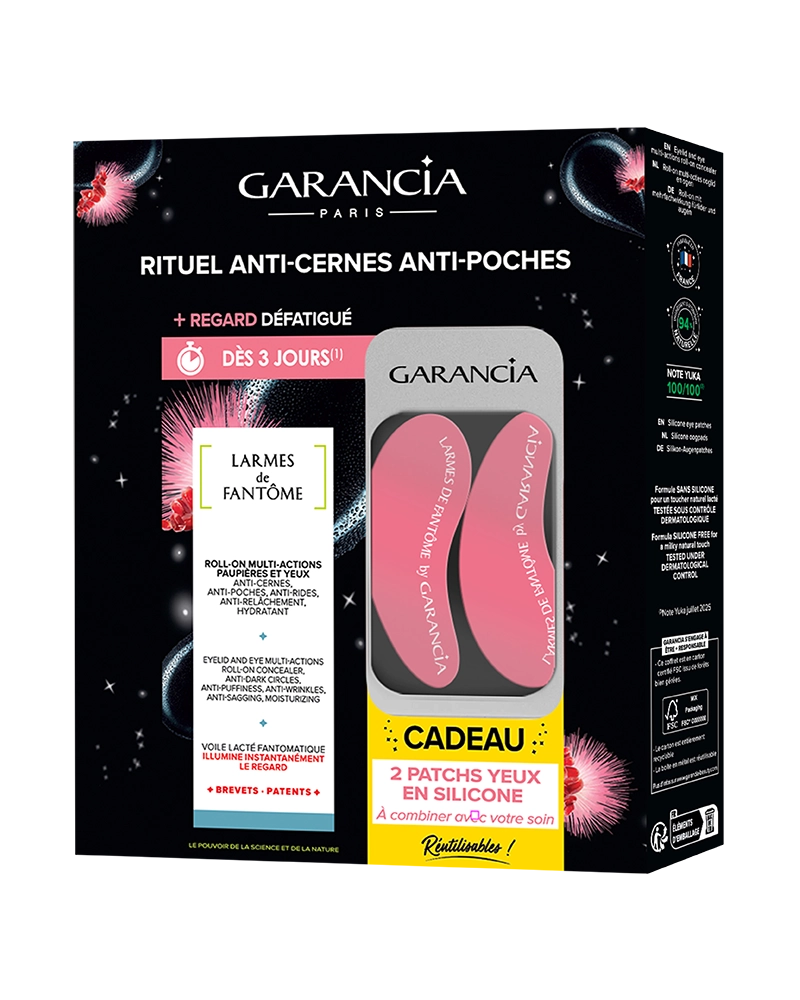 Coffret Garancia Rituel Anti-Cernes Anti-Poches contenant le Roll-On Larmes de Fantôme et 2 patchs yeux en silicone réutilisables offerts