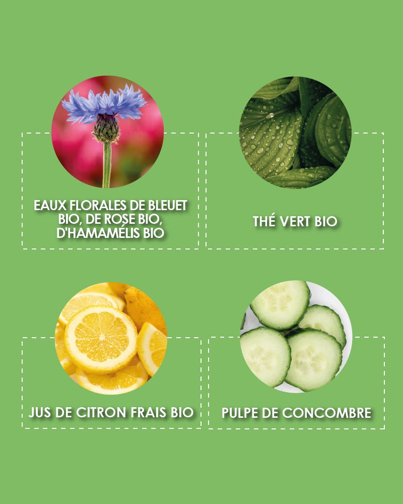 Infographie des actifs naturels du Pschitt Magique Garancia comprenant des eaux florales de bleuet, rose et hamamélis bio, du thé vert bio, du jus de citron frais bio et de la pulpe de concombre.