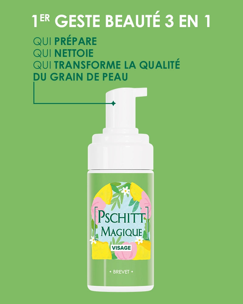 Affiche promotionnelle pour le Pschitt Magique Garancia, présenté comme le "1er Geste Beauté 3 en 1" qui prépare, nettoie et transforme la qualité du grain de peau.