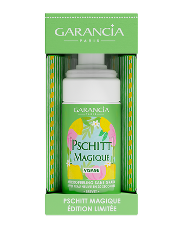 Micropeeling sans grain Pschitt Magique de Garancia en édition limitée, présenté dans son coffret vert illustré de citrons et de fleurs pour un effet peau neuve en 30 secondes.