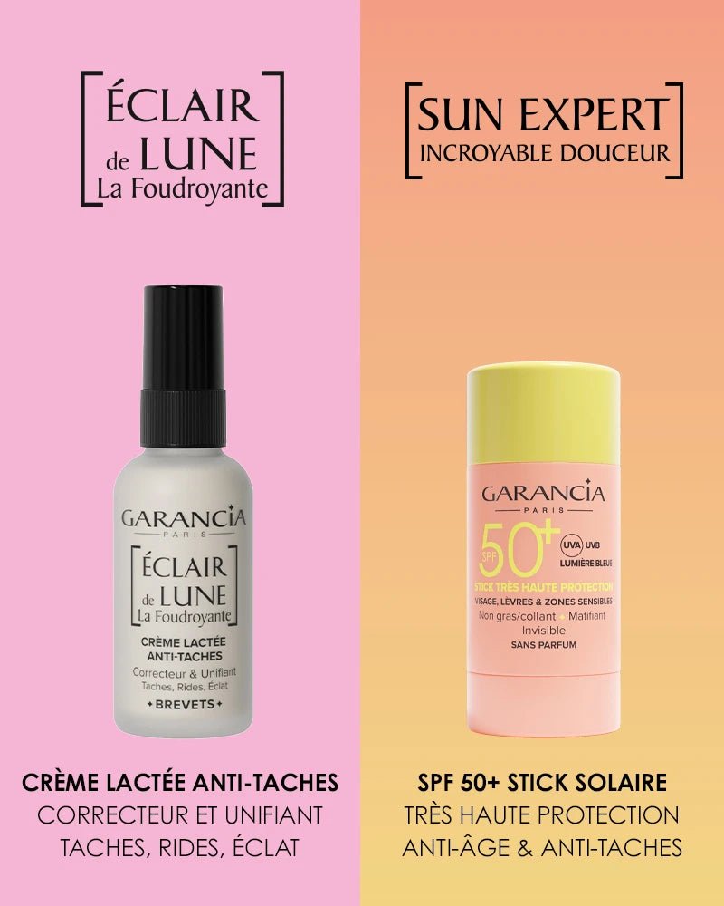 Comparaison Duo Garancia Éclair de Lune La Foudroyante et Sun Expert : crème lactée anti-taches correctrice et stick solaire SPF 50+ très haute protection anti-âge.