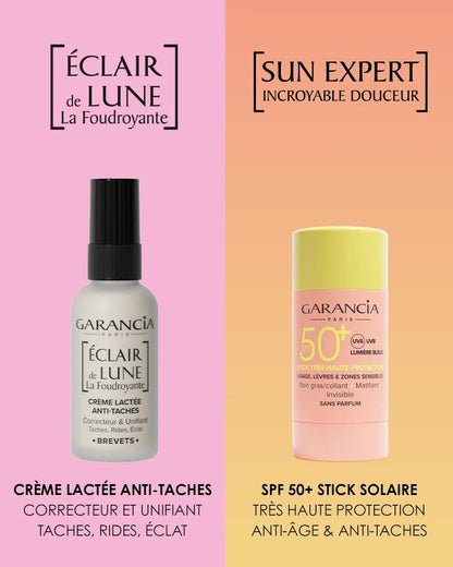 Comparaison Duo Garancia Éclair de Lune La Foudroyante et Sun Expert : crème lactée anti-taches correctrice et stick solaire SPF 50+ très haute protection anti-âge.