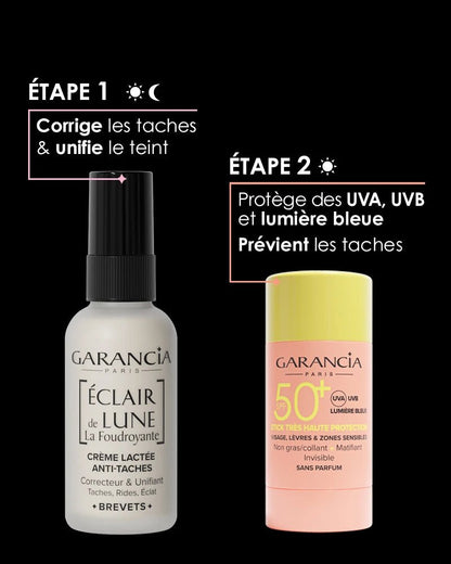 Routine anti-taches Garancia en 2 étapes : Étape 1 matin et soir avec la crème Éclair de Lune La Foudroyante pour corriger et unifier, Étape 2 matin avec le Stick Solaire SPF 50+ pour protéger et prévenir.