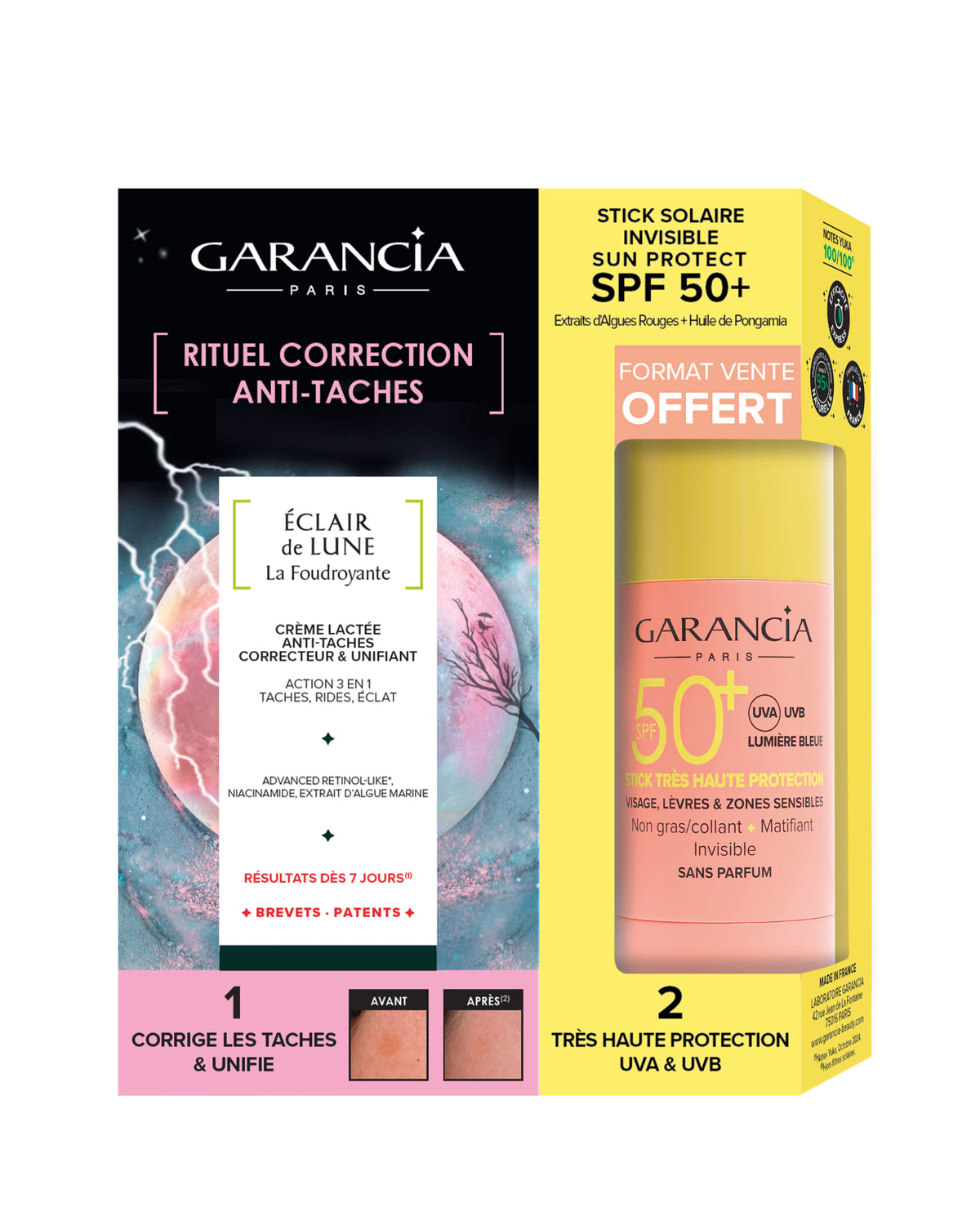 Coffret Garancia Rituel Correction Anti-Taches contenant la crème lactée Éclair de Lune La Foudroyante et un Stick Solaire Invisible Sun Protect SPF 50+ offert.