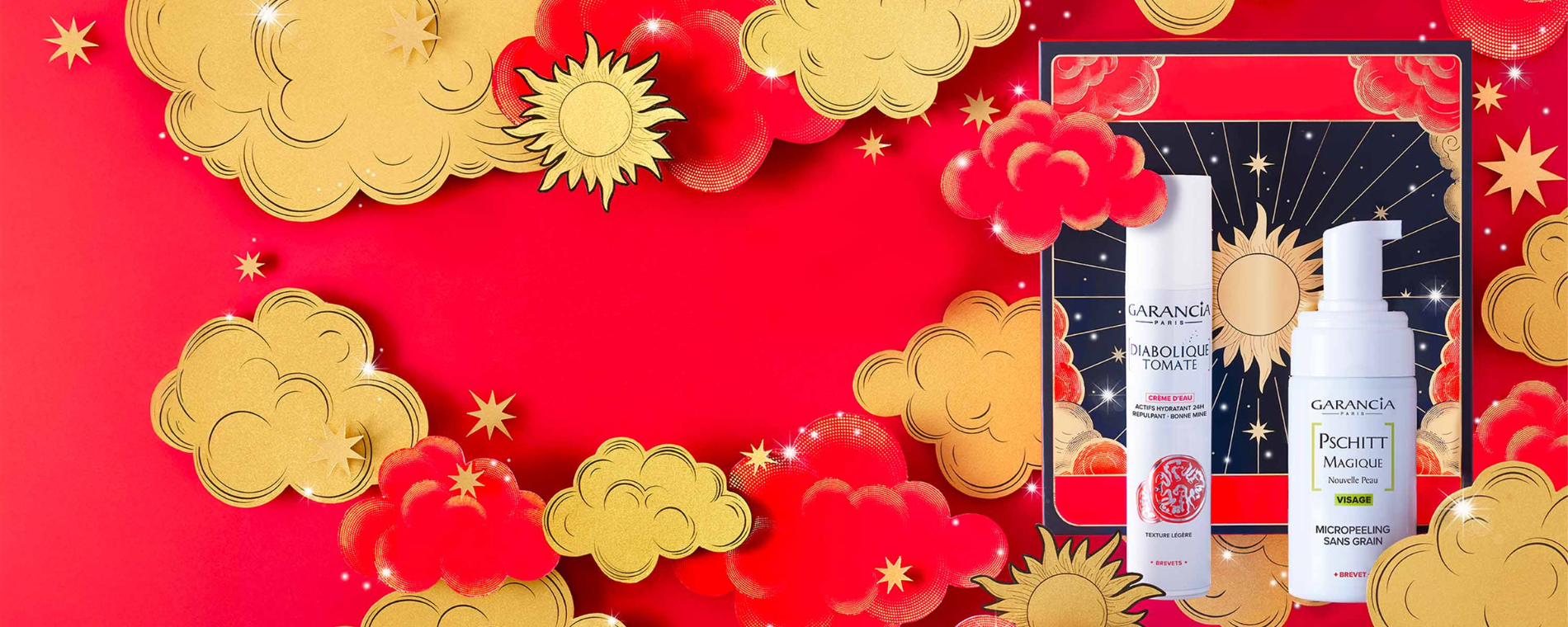Coffret fêtes de fin d'année Garancia aux motifs rouges et or, contenant le micropeeling Pschitt Magique et la crème d'eau hydratante Diabolique Tomate