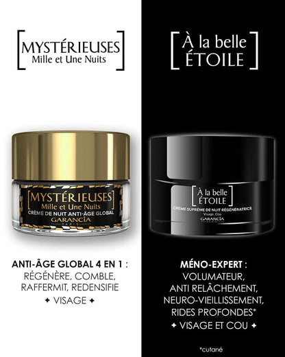 Laboratoire Garancia : Comparatif entre deux crèmes de nuit Garancia : Mystérieuses Mille et Une Nuits (Anti-âge global 4 en 1) et À la belle Étoile (Méno-expert pour rides profondes et relâchement).