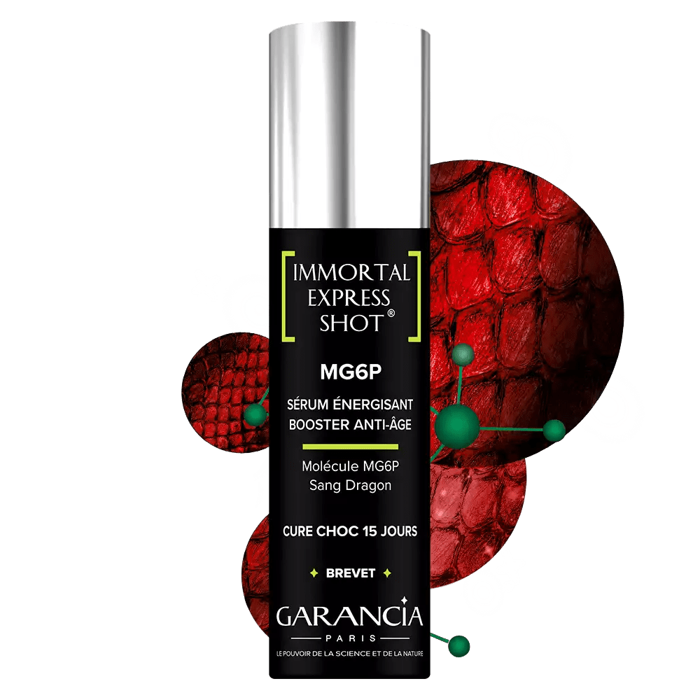 Sérum énergisant Garancia Immortal Express Shot MG6P, une cure choc anti-âge de 15 jours à la molécule MG6P et Sang Dragon, présenté sur un fond texturé rouge.