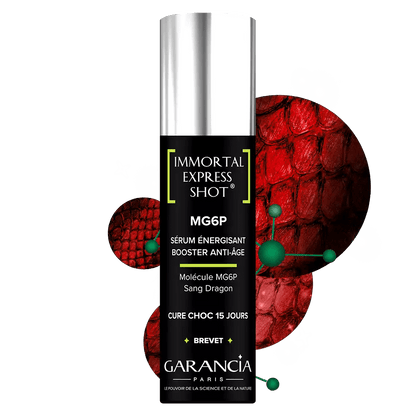 Sérum énergisant Garancia Immortal Express Shot MG6P, une cure choc anti-âge de 15 jours à la molécule MG6P et Sang Dragon, présenté sur un fond texturé rouge.