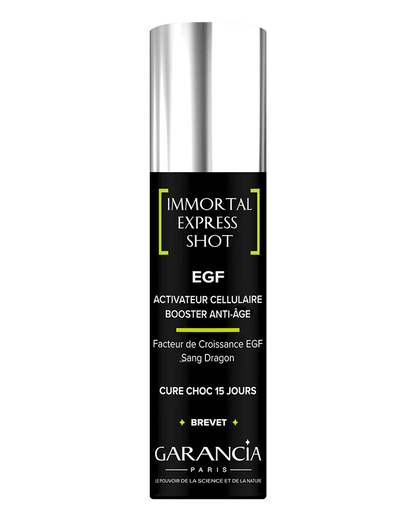 Laboratoire Garancia IMMORTAL EGF 15ML : Sérum activateur cellulaire Garancia Immortal Express Shot EGF, une cure choc anti-âge de 15 jours au facteur de croissance EGF et Sang Dragon, booster de jeunesse.