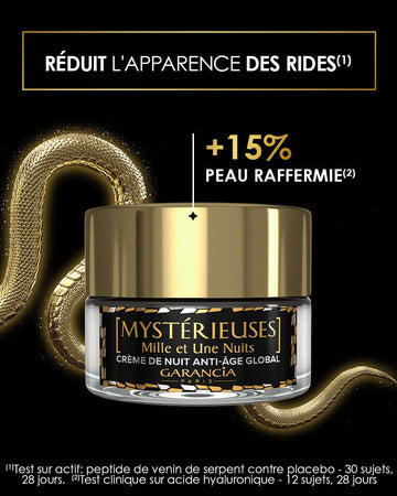 Crème Mystérieuse nuit KV Laboratoire Garancia Infographie Garancia : réduit l'apparence des rides et offre +15% de peau raffermie. Présentation du pot de crème de nuit sur fond noir avec un serpent doré.